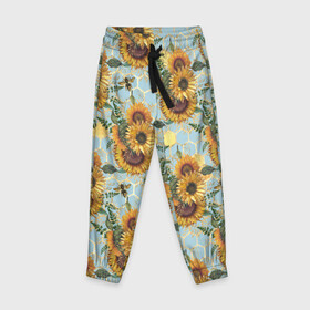 Детские брюки 3D с принтом Подсолнухи и пчёлы на голубом в Тюмени, 100% полиэстер | манжеты по низу, эластичный пояс регулируется шнурком, по бокам два кармана без застежек, внутренняя часть кармана из мелкой сетки | Тематика изображения на принте: bee | bees | blue sky | fashion | flowers | flowers lovers | honey | sunflower | sunflowers | букет подсолнухов | весенние подсолнухи | голубое небо | жёлтые подсолнухи | летние подсолнухи | летние цветы | мёд | медовые соты