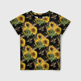 Детская футболка 3D с принтом Fashion Sunflowers and bees в Тюмени, 100% гипоаллергенный полиэфир | прямой крой, круглый вырез горловины, длина до линии бедер, чуть спущенное плечо, ткань немного тянется | Тематика изображения на принте: black | fashion | flowers | flowers lovers | sunflower | sunflowers | букет подсолнухов | весенние подсолнухи | жёлтые подсолнухи | летние подсолнухи | летние цветы | насекомые | подсолнечник | подсолнухи
