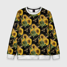 Детский свитшот 3D с принтом Fashion Sunflowers and bees в Тюмени, 100% полиэстер | свободная посадка, прямой крой, мягкая тканевая резинка на рукавах и понизу свитшота | Тематика изображения на принте: black | fashion | flowers | flowers lovers | sunflower | sunflowers | букет подсолнухов | весенние подсолнухи | жёлтые подсолнухи | летние подсолнухи | летние цветы | насекомые | подсолнечник | подсолнухи