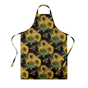 Фартук 3D с принтом Fashion Sunflowers and bees в Тюмени, 100% полиэстер | общий размер — 65 х 85 см, ширина нагрудника — 26 см, горловина — 53 см, длина завязок — 54 см, общий обхват в поясе — 173 см. Принт на завязках и на горловине наносится с двух сторон, на основной части фартука — только с внешней стороны | black | fashion | flowers | flowers lovers | sunflower | sunflowers | букет подсолнухов | весенние подсолнухи | жёлтые подсолнухи | летние подсолнухи | летние цветы | насекомые | подсолнечник | подсолнухи