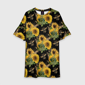 Детское платье 3D с принтом Fashion Sunflowers and bees в Тюмени, 100% полиэстер | прямой силуэт, чуть расширенный к низу. Круглая горловина, на рукавах — воланы | Тематика изображения на принте: black | fashion | flowers | flowers lovers | sunflower | sunflowers | букет подсолнухов | весенние подсолнухи | жёлтые подсолнухи | летние подсолнухи | летние цветы | насекомые | подсолнечник | подсолнухи