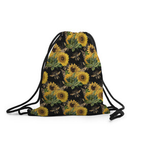 Рюкзак-мешок 3D с принтом Fashion Sunflowers and bees в Тюмени, 100% полиэстер | плотность ткани — 200 г/м2, размер — 35 х 45 см; лямки — толстые шнурки, застежка на шнуровке, без карманов и подкладки | black | fashion | flowers | flowers lovers | sunflower | sunflowers | букет подсолнухов | весенние подсолнухи | жёлтые подсолнухи | летние подсолнухи | летние цветы | насекомые | подсолнечник | подсолнухи