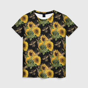 Женская футболка 3D с принтом Fashion Sunflowers and bees в Тюмени, 100% полиэфир ( синтетическое хлопкоподобное полотно) | прямой крой, круглый вырез горловины, длина до линии бедер | black | fashion | flowers | flowers lovers | sunflower | sunflowers | букет подсолнухов | весенние подсолнухи | жёлтые подсолнухи | летние подсолнухи | летние цветы | насекомые | подсолнечник | подсолнухи