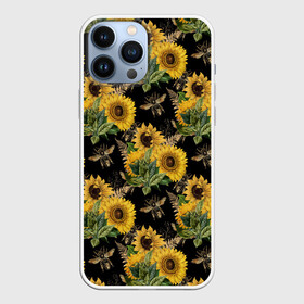 Чехол для iPhone 13 Pro Max с принтом Fashion Sunflowers and bees в Тюмени,  |  | black | fashion | flowers | flowers lovers | sunflower | sunflowers | букет подсолнухов | весенние подсолнухи | жёлтые подсолнухи | летние подсолнухи | летние цветы | насекомые | подсолнечник | подсолнухи