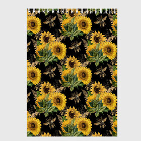 Скетчбук с принтом Fashion Sunflowers and bees в Тюмени, 100% бумага
 | 48 листов, плотность листов — 100 г/м2, плотность картонной обложки — 250 г/м2. Листы скреплены сверху удобной пружинной спиралью | black | fashion | flowers | flowers lovers | sunflower | sunflowers | букет подсолнухов | весенние подсолнухи | жёлтые подсолнухи | летние подсолнухи | летние цветы | насекомые | подсолнечник | подсолнухи