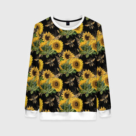 Женский свитшот 3D с принтом Fashion Sunflowers and bees в Тюмени, 100% полиэстер с мягким внутренним слоем | круглый вырез горловины, мягкая резинка на манжетах и поясе, свободная посадка по фигуре | black | fashion | flowers | flowers lovers | sunflower | sunflowers | букет подсолнухов | весенние подсолнухи | жёлтые подсолнухи | летние подсолнухи | летние цветы | насекомые | подсолнечник | подсолнухи