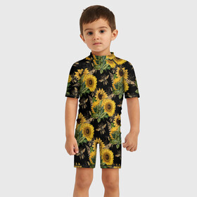 Детский купальный костюм 3D с принтом Fashion Sunflowers and bees в Тюмени, Полиэстер 85%, Спандекс 15% | застежка на молнии на спине | Тематика изображения на принте: black | fashion | flowers | flowers lovers | sunflower | sunflowers | букет подсолнухов | весенние подсолнухи | жёлтые подсолнухи | летние подсолнухи | летние цветы | насекомые | подсолнечник | подсолнухи