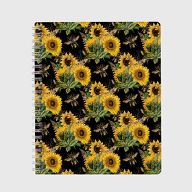 Тетрадь с принтом Fashion Sunflowers and bees в Тюмени, 100% бумага | 48 листов, плотность листов — 60 г/м2, плотность картонной обложки — 250 г/м2. Листы скреплены сбоку удобной пружинной спиралью. Уголки страниц и обложки скругленные. Цвет линий — светло-серый
 | Тематика изображения на принте: black | fashion | flowers | flowers lovers | sunflower | sunflowers | букет подсолнухов | весенние подсолнухи | жёлтые подсолнухи | летние подсолнухи | летние цветы | насекомые | подсолнечник | подсолнухи