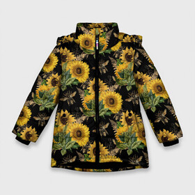 Зимняя куртка для девочек 3D с принтом Fashion Sunflowers and bees в Тюмени, ткань верха — 100% полиэстер; подклад — 100% полиэстер, утеплитель — 100% полиэстер. | длина ниже бедра, удлиненная спинка, воротник стойка и отстегивающийся капюшон. Есть боковые карманы с листочкой на кнопках, утяжки по низу изделия и внутренний карман на молнии. 

Предусмотрены светоотражающий принт на спинке, радужный светоотражающий элемент на пуллере молнии и на резинке для утяжки. | black | fashion | flowers | flowers lovers | sunflower | sunflowers | букет подсолнухов | весенние подсолнухи | жёлтые подсолнухи | летние подсолнухи | летние цветы | насекомые | подсолнечник | подсолнухи