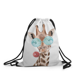 Рюкзак-мешок 3D с принтом Жираф в очках в Тюмени, 100% полиэстер | плотность ткани — 200 г/м2, размер — 35 х 45 см; лямки — толстые шнурки, застежка на шнуровке, без карманов и подкладки | животные | жираф | звери | конфета | очки | чупа чупс