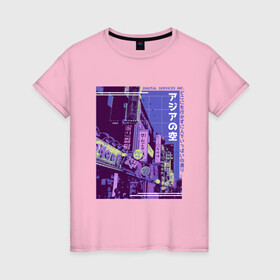 Женская футболка хлопок с принтом Neon Asian Street Vaporwave в Тюмени, 100% хлопок | прямой крой, круглый вырез горловины, длина до линии бедер, слегка спущенное плечо | digital service | foto | japan | japanese | japanese art | kanji | photo | tokyo | trend | urban | азия | в стиле vaporwave | вапорвейв | вейпорвейв | вывески | иероглифы | кандзи | нео | неоновые огни | паровая волна | тренд | улица | фильтр | фото