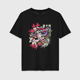 Женская футболка хлопок Oversize с принтом Японский Воин Japanese Warrior в Тюмени, 100% хлопок | свободный крой, круглый ворот, спущенный рукав, длина до линии бедер
 | art | cola | cyberpunk samurai | kanji | ninja | oni | ronin | samurai | shogun | арт | иероглифы | кандзи | капли краски | киберпанк самурай | кола | мерч | путь воина | ронин | самурай в маске | сёгун | токио | харакири