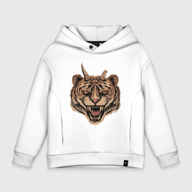 Детское худи Oversize хлопок с принтом Evil Tiger в Тюмени, френч-терри — 70% хлопок, 30% полиэстер. Мягкий теплый начес внутри —100% хлопок | боковые карманы, эластичные манжеты и нижняя кромка, капюшон на магнитной кнопке | животные | зло | рога | тигр | третий глаз