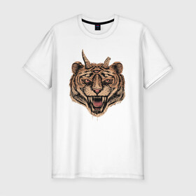 Мужская футболка хлопок Slim с принтом Evil Tiger в Тюмени, 92% хлопок, 8% лайкра | приталенный силуэт, круглый вырез ворота, длина до линии бедра, короткий рукав | Тематика изображения на принте: животные | зло | рога | тигр | третий глаз