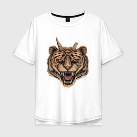 Мужская футболка хлопок Oversize с принтом Evil Tiger в Тюмени, 100% хлопок | свободный крой, круглый ворот, “спинка” длиннее передней части | Тематика изображения на принте: животные | зло | рога | тигр | третий глаз