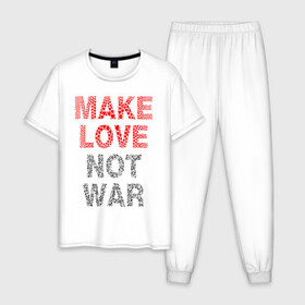 Мужская пижама хлопок с принтом MAKE LOVE NOT WAR в Тюмени, 100% хлопок | брюки и футболка прямого кроя, без карманов, на брюках мягкая резинка на поясе и по низу штанин
 | Тематика изображения на принте: love | make | peace | text | war | word | война | любовь | мир | надписи | оружие | популярные | сердце | текст | хиппи