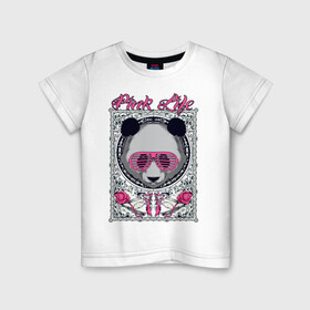 Детская футболка хлопок с принтом PINK LIFE в Тюмени, 100% хлопок | круглый вырез горловины, полуприлегающий силуэт, длина до линии бедер | black | fashion | girl | life | panda | pink | roses | text | white | женский | жизнь | лето | мода | очки | панда | розовый | розы | стиль | узор