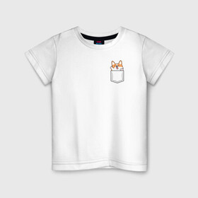 Детская футболка хлопок с принтом Корги в кармашке в Тюмени, 100% хлопок | круглый вырез горловины, полуприлегающий силуэт, длина до линии бедер | вельш корги | звери | корги | собаки