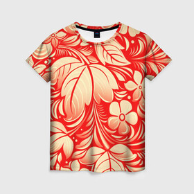 Женская футболка 3D с принтом НАЦИОНАЛЬНЫЙ УЗОР в Тюмени, 100% полиэфир ( синтетическое хлопкоподобное полотно) | прямой крой, круглый вырез горловины, длина до линии бедер | flowers | national | red | russia | white | белый | красный | листья | национальный | россия | узор | хохлома | цветы