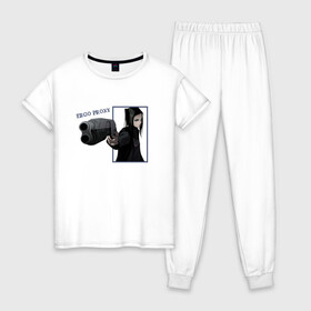 Женская пижама хлопок с принтом Риэл Мэйер (Эрго Прокси) в Тюмени, 100% хлопок | брюки и футболка прямого кроя, без карманов, на брюках мягкая резинка на поясе и по низу штанин | ergo proxy | аниме | надпись | пистолет | риэл мэйер | черные волосы