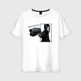 Женская футболка хлопок Oversize с принтом Риэл Мэйер (Эрго Прокси) в Тюмени, 100% хлопок | свободный крой, круглый ворот, спущенный рукав, длина до линии бедер
 | ergo proxy | аниме | надпись | пистолет | риэл мэйер | черные волосы