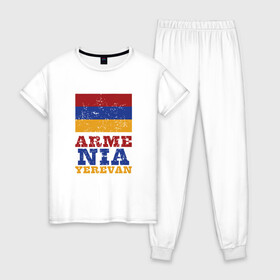Женская пижама хлопок с принтом Ереван - Армения в Тюмени, 100% хлопок | брюки и футболка прямого кроя, без карманов, на брюках мягкая резинка на поясе и по низу штанин | armenia | armenya | арарат | армения | армяне | армянин | арцах | горы | ереван | кавказ | народ | саркисян | ссср | страна | флаг