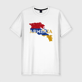 Мужская футболка хлопок Slim с принтом Armenia Map в Тюмени, 92% хлопок, 8% лайкра | приталенный силуэт, круглый вырез ворота, длина до линии бедра, короткий рукав | Тематика изображения на принте: armenia | armenya | арарат | армения | армяне | армянин | горы | ереван | кавказ | народ | саркисян | ссср | страна | флаг