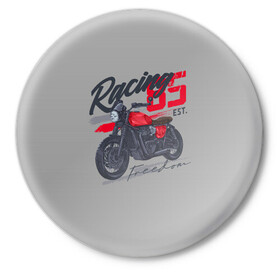 Значок с принтом Racing 85 в Тюмени,  металл | круглая форма, металлическая застежка в виде булавки | bike | custom | байк | байкер | кастом | мото | мотокросс | мотоцикл | скорость