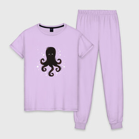 Женская пижама хлопок с принтом Осьминог каваи в Тюмени, 100% хлопок | брюки и футболка прямого кроя, без карманов, на брюках мягкая резинка на поясе и по низу штанин | cute | octopus | милый | морское | осьминог | осьминожка | паттерн | тентакли | щупальца