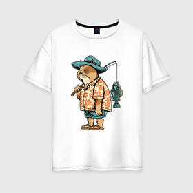 Женская футболка хлопок Oversize с принтом Кот рыбак в Тюмени, 100% хлопок | свободный крой, круглый ворот, спущенный рукав, длина до линии бедер
 | fish | кот | море | морские | рыба | рыбак | рыбалка | рыбки | рыбы