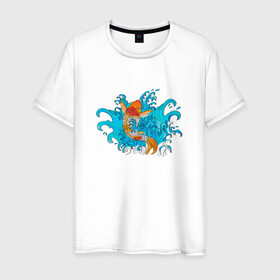 Мужская футболка хлопок с принтом Рыбка Кои в Тюмени, 100% хлопок | прямой крой, круглый вырез горловины, длина до линии бедер, слегка спущенное плечо. | fish | water | вода | карп | карпы | кои | море | морское | рыба | цветы | японские