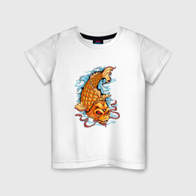 Детская футболка хлопок с принтом Рыбка Кои в Тюмени, 100% хлопок | круглый вырез горловины, полуприлегающий силуэт, длина до линии бедер | fish | water | вода | карп | карпы | кои | море | морское | рыба | цветы | японские
