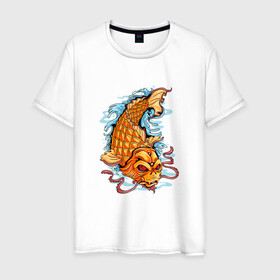 Мужская футболка хлопок с принтом Рыбка Кои в Тюмени, 100% хлопок | прямой крой, круглый вырез горловины, длина до линии бедер, слегка спущенное плечо. | fish | water | вода | карп | карпы | кои | море | морское | рыба | цветы | японские