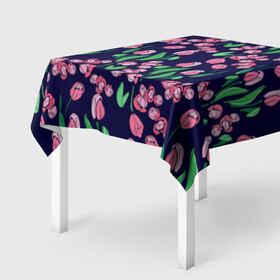 Скатерть 3D с принтом Тюльпаны в Тюмени, 100% полиэстер (ткань не мнется и не растягивается) | Размер: 150*150 см | растительный узор | рисунок | синий | тюльпан | цветы