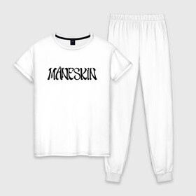Женская пижама хлопок с принтом Maneskin в Тюмени, 100% хлопок | брюки и футболка прямого кроя, без карманов, на брюках мягкая резинка на поясе и по низу штанин | maneskin | евровидение 2021 | манескин | монскин