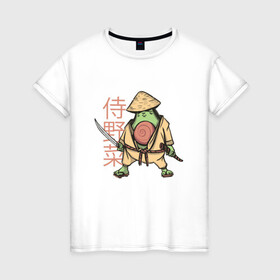 Женская футболка хлопок с принтом Винтажный Авокадо Самурай в Тюмени, 100% хлопок | прямой крой, круглый вырез горловины, длина до линии бедер, слегка спущенное плечо | art | avocado | cyberpunk samurai | kanji | ninja | oni | retro | ronin | samurai | shogun | vintage | арт | гуакамоле | иероглифы | кандзи | киберпанк самурай | мерч | путь воина | ретро | ронин | сёгун | токио | харакири | черный самурай | япо