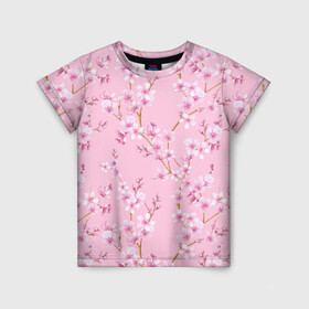Детская футболка 3D с принтом Цветущая розовая вишня в Тюмени, 100% гипоаллергенный полиэфир | прямой крой, круглый вырез горловины, длина до линии бедер, чуть спущенное плечо, ткань немного тянется | Тематика изображения на принте: cherry blossom | sakura | азия | весна | ветки | вишня | для девушки | женский | милый | нежный | природа | розовый | сакура | цветение | цветочный принт | цветущая вишня | цветущие ветки | цветущий миндаль