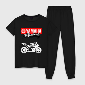 Женская пижама хлопок с принтом YAMAHA ЯМАХА RACING в Тюмени, 100% хлопок | брюки и футболка прямого кроя, без карманов, на брюках мягкая резинка на поясе и по низу штанин | motorcycle | yamaha | yzf r6. | байк | байкер | мотоспорт | мототехника | мотоцикл | мотоциклист | скутер | ямаха