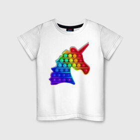 Детская футболка хлопок с принтом Единорог, поп-ит, симпл-димпл в Тюмени, 100% хлопок | круглый вырез горловины, полуприлегающий силуэт, длина до линии бедер | Тематика изображения на принте: pop it | rainbow | unicorn | единорог | поп ит | радуга | симпл димпл