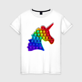 Женская футболка хлопок с принтом Единорог, поп-ит, симпл-димпл в Тюмени, 100% хлопок | прямой крой, круглый вырез горловины, длина до линии бедер, слегка спущенное плечо | pop it | rainbow | unicorn | единорог | поп ит | радуга | симпл димпл