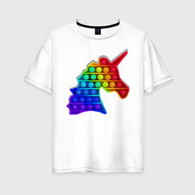 Женская футболка хлопок Oversize с принтом Единорог, поп-ит, симпл-димпл в Тюмени, 100% хлопок | свободный крой, круглый ворот, спущенный рукав, длина до линии бедер
 | pop it | rainbow | unicorn | единорог | поп ит | радуга | симпл димпл