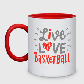 Кружка двухцветная с принтом Live Love Basketball в Тюмени, керамика | объем — 330 мл, диаметр — 80 мм. Цветная ручка и кайма сверху, в некоторых цветах — вся внутренняя часть | basketball | game | live | love | nba | sport | streetball | баскетбол | баскетболист | игра | игрок | мяч | нба | спорт | стритбол | тренер