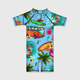 Детский купальный костюм 3D с принтом Пальмы волны серфинг в Тюмени, Полиэстер 85%, Спандекс 15% | застежка на молнии на спине | beach | club | palm | party | sea | summer | tropical | волна | волны | жара | летние | лето | море | очки | пальмы | пляж | серф | серфинг | тропический