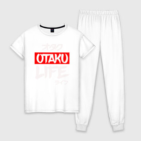 Женская пижама хлопок с принтом Life OTAKU в Тюмени, 100% хлопок | брюки и футболка прямого кроя, без карманов, на брюках мягкая резинка на поясе и по низу штанин | Тематика изображения на принте: anime | art | cute | eat | girl | hikki | japanese | kawai | life | otaku | repeat | retro | sleep | tyan | wave | аниме | арт | волна | девушка | еда | жизнь | зайчьи | иероглиф | кавай | надпись | нарисованная | отаку | повтор | повторить