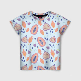 Детская футболка 3D с принтом Папайя в Тюмени, 100% гипоаллергенный полиэфир | прямой крой, круглый вырез горловины, длина до линии бедер, чуть спущенное плечо, ткань немного тянется | papaya | морская | папайя | паттерн | с папаем | фрукт