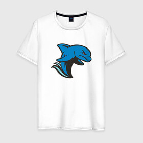 Мужская футболка хлопок с принтом Злой дельфин в Тюмени, 100% хлопок | прямой крой, круглый вырез горловины, длина до линии бедер, слегка спущенное плечо. | Тематика изображения на принте: dolphin | дельфин | дельфины | злой | море | морские | с дельфином
