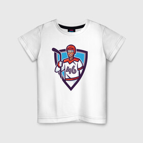 Детская футболка хлопок с принтом Хоккеист с клюшкой в Тюмени, 100% хлопок | круглый вырез горловины, полуприлегающий силуэт, длина до линии бедер | держит | зимний | игра | игрок | клюшка | спорт | улыбается | хоккеист | хоккей