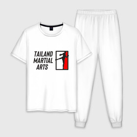 Мужская пижама хлопок с принтом MUAY THAI (двусторонняя) в Тюмени, 100% хлопок | брюки и футболка прямого кроя, без карманов, на брюках мягкая резинка на поясе и по низу штанин
 | boxing | fight night | kikcboxing | mma | muay thai | муай тай | тайский бокс