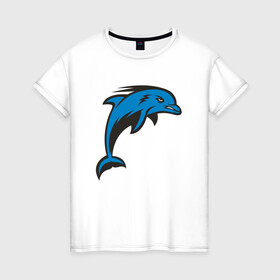 Женская футболка хлопок с принтом Злой дельфин в Тюмени, 100% хлопок | прямой крой, круглый вырез горловины, длина до линии бедер, слегка спущенное плечо | dolphin | дельфин | дельфины | море | морские | на голубом | с дельфином
