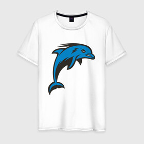 Мужская футболка хлопок с принтом Злой дельфин в Тюмени, 100% хлопок | прямой крой, круглый вырез горловины, длина до линии бедер, слегка спущенное плечо. | dolphin | дельфин | дельфины | море | морские | на голубом | с дельфином